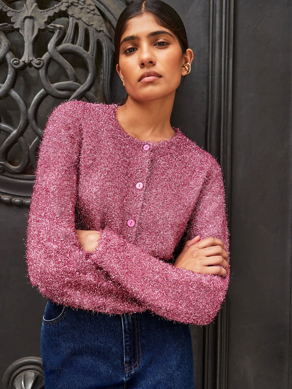 Pink Sparkle Knit Cardigan view 3