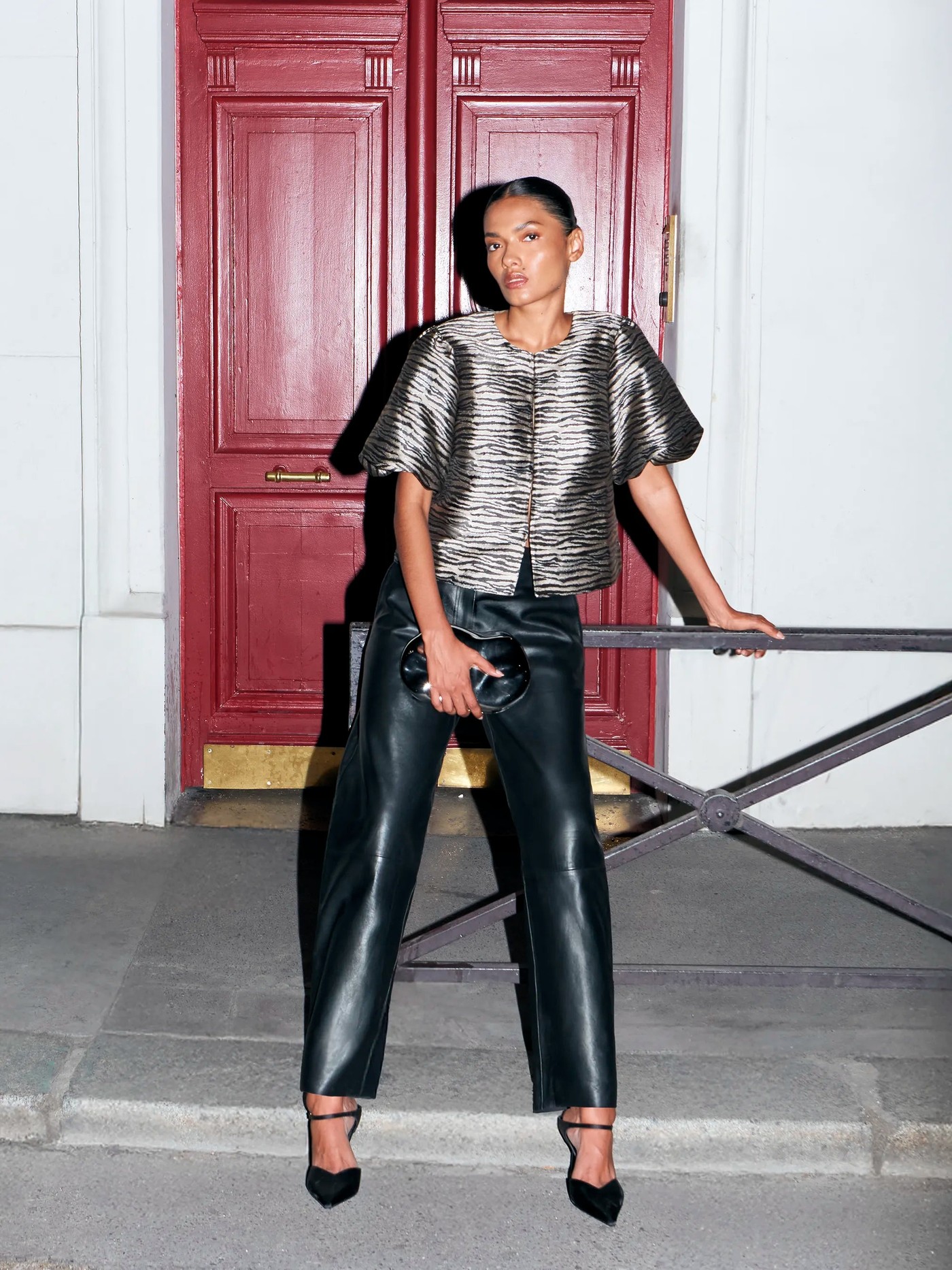 Zebra Jacquard Puff Sleeve Top view 3