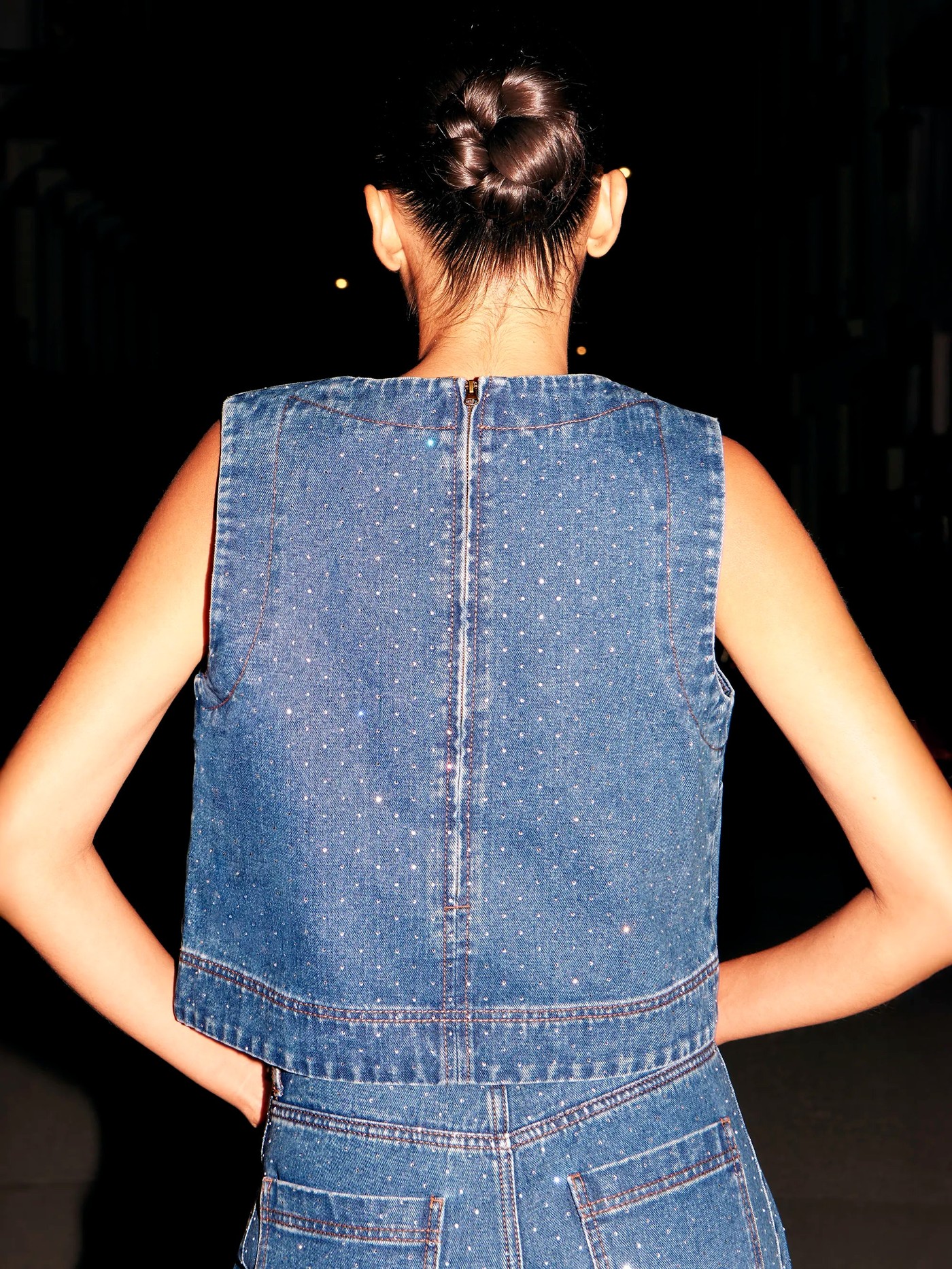 Blue Embellished Denim Shell Top view 4