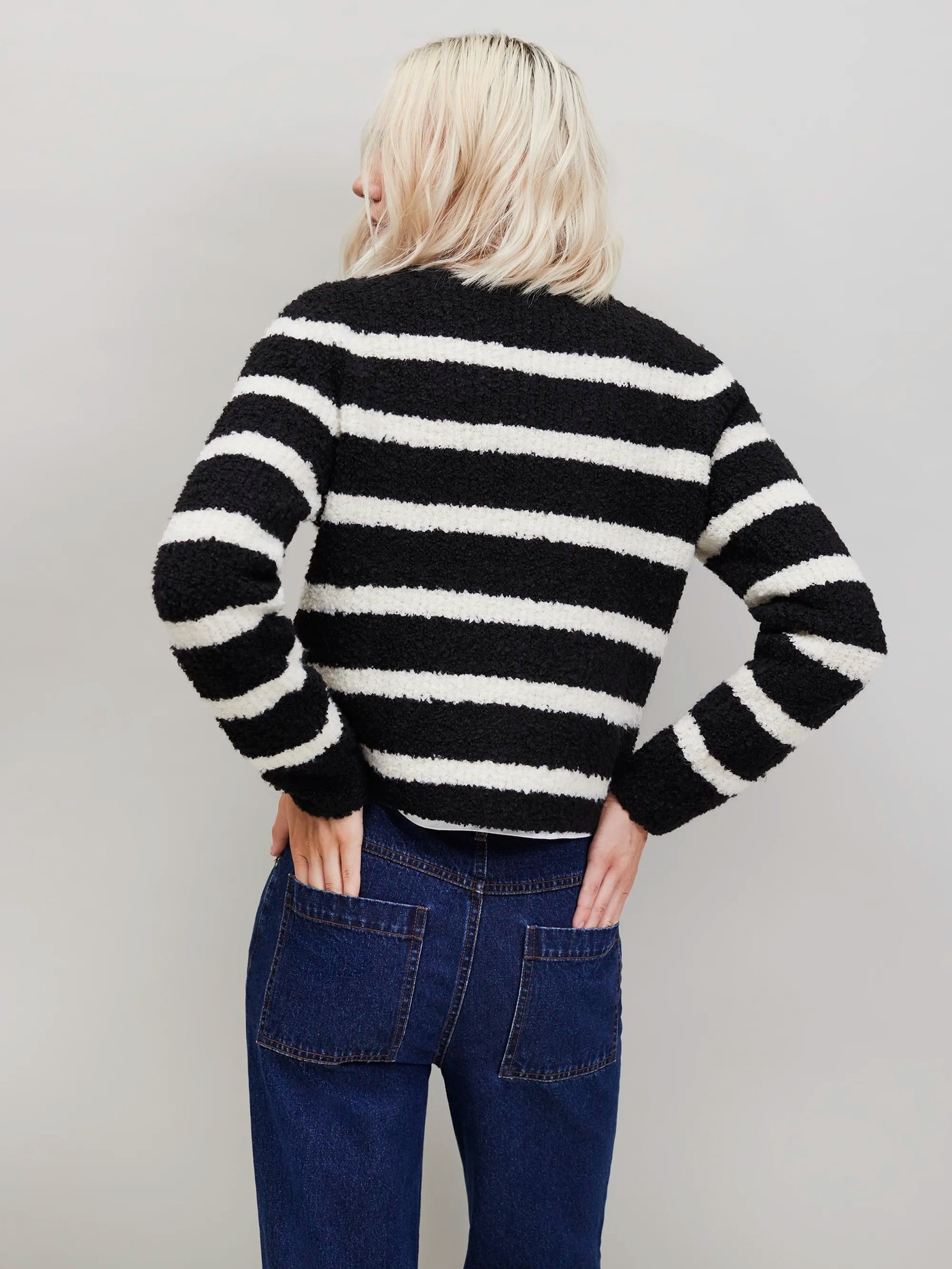 Black and White Striped Boucle-Knit Cardigan view 3