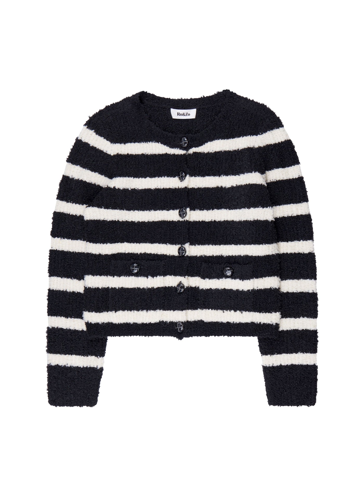 Black and White Striped Boucle-Knit Cardigan view 4