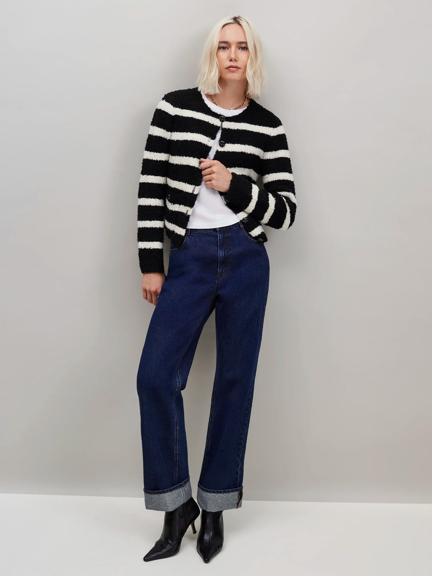 Black and White Striped Boucle-Knit Cardigan