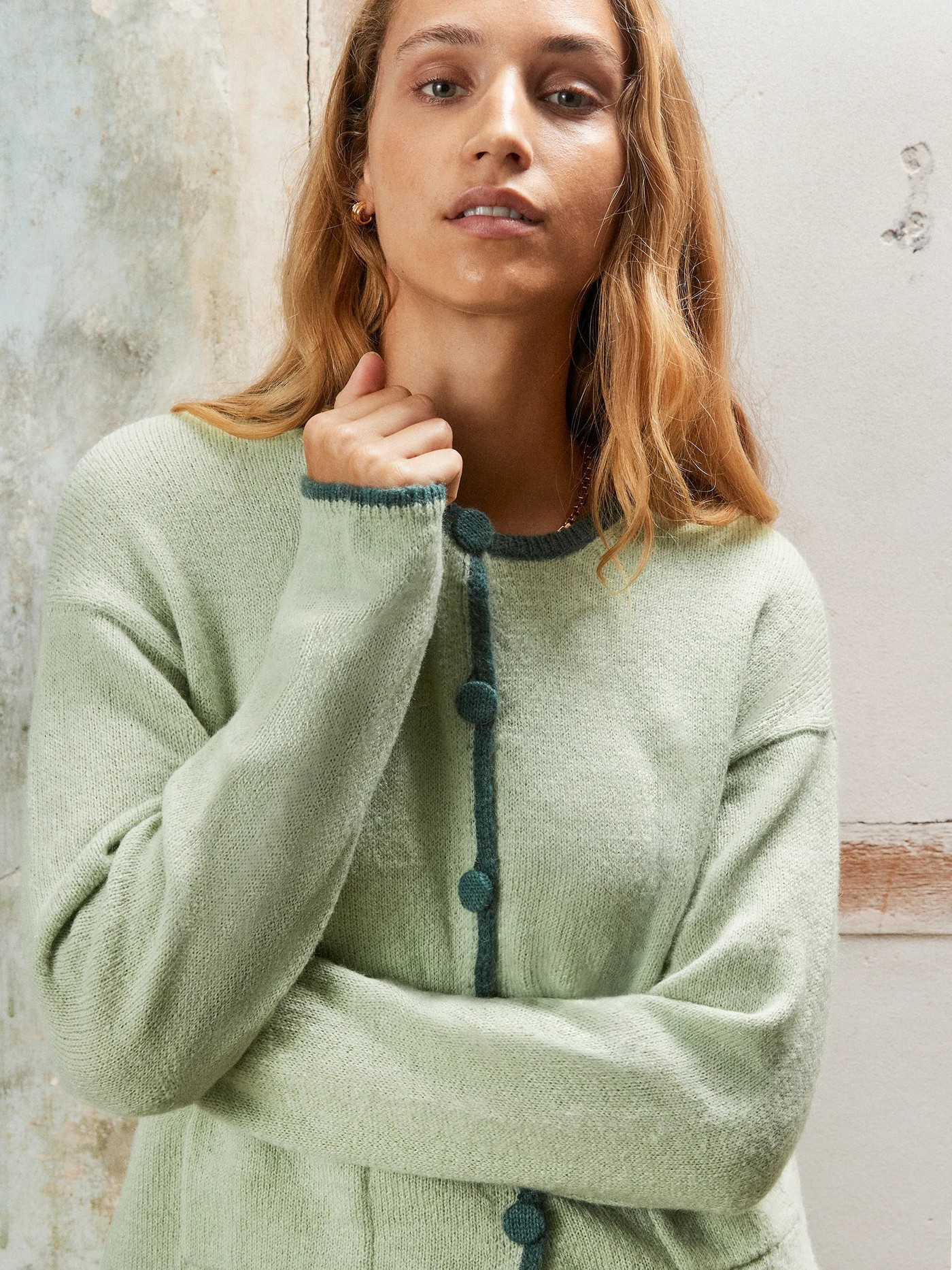 Contrast-Stitch Knit Cardigan with Wool and Alpaca view 4