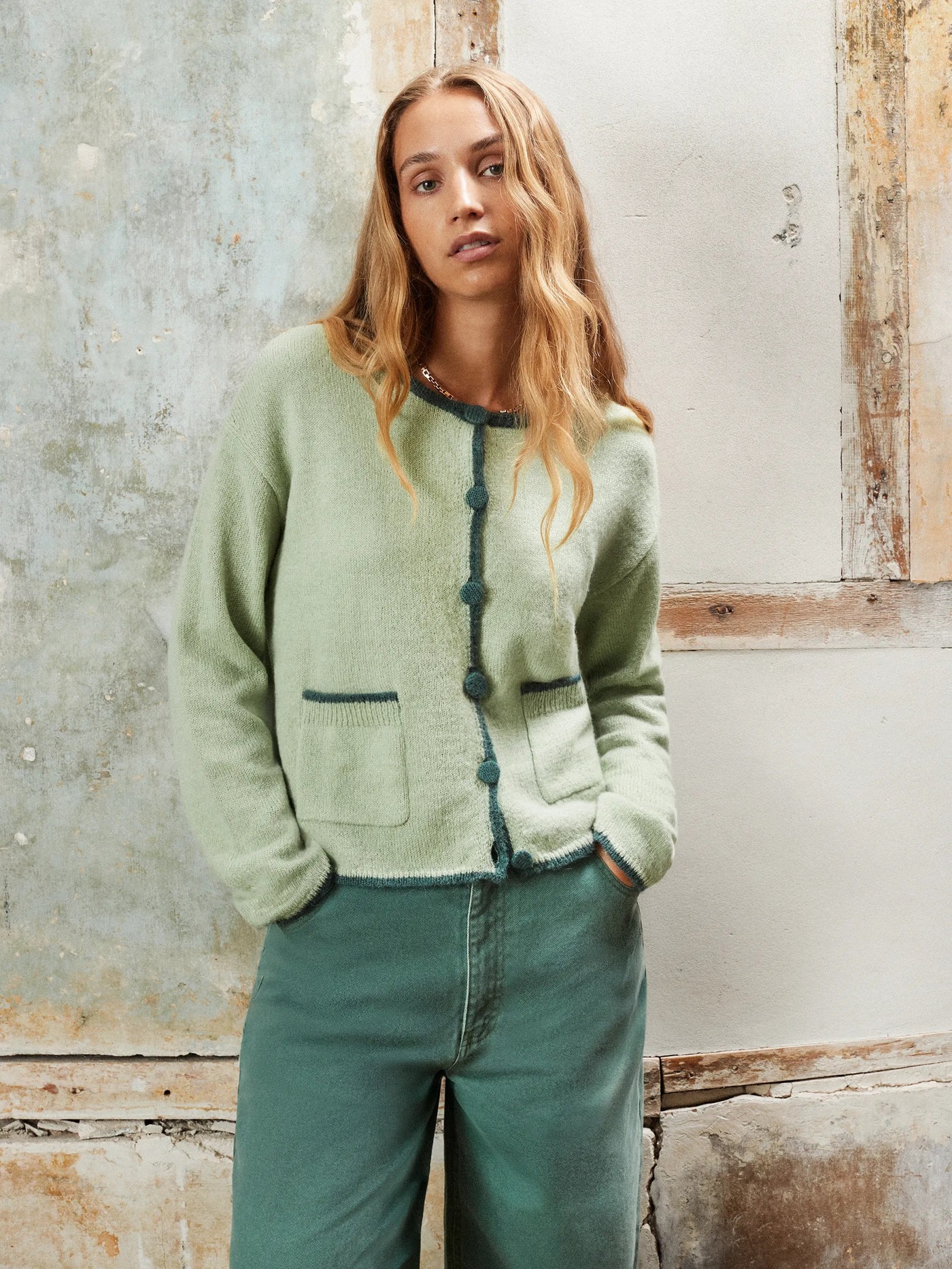 Contrast-Stitch Knit Cardigan with Wool and Alpaca