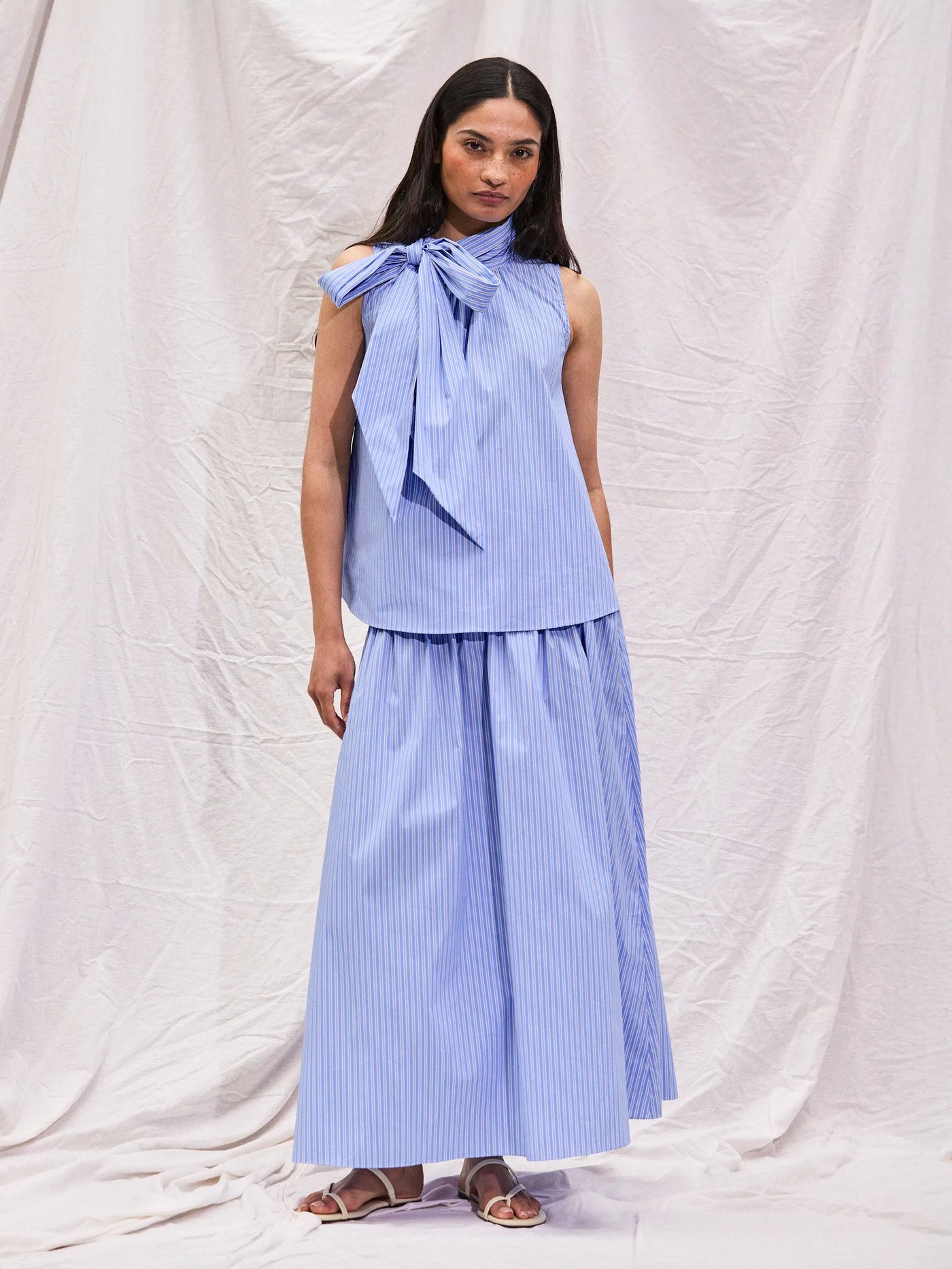 Blue Striped Shirred-Waist Skirt view 3