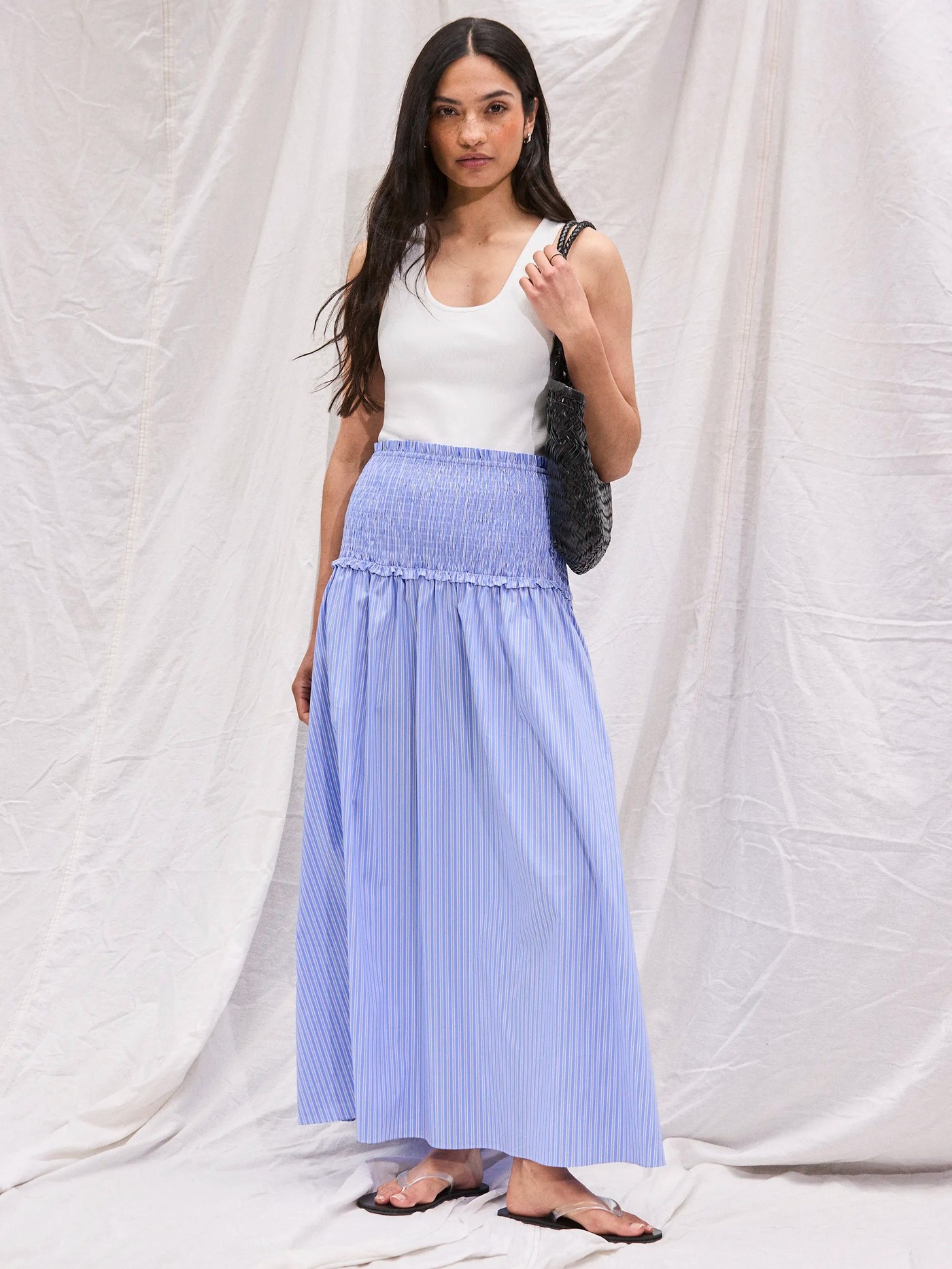 Blue Striped Shirred-Waist Skirt